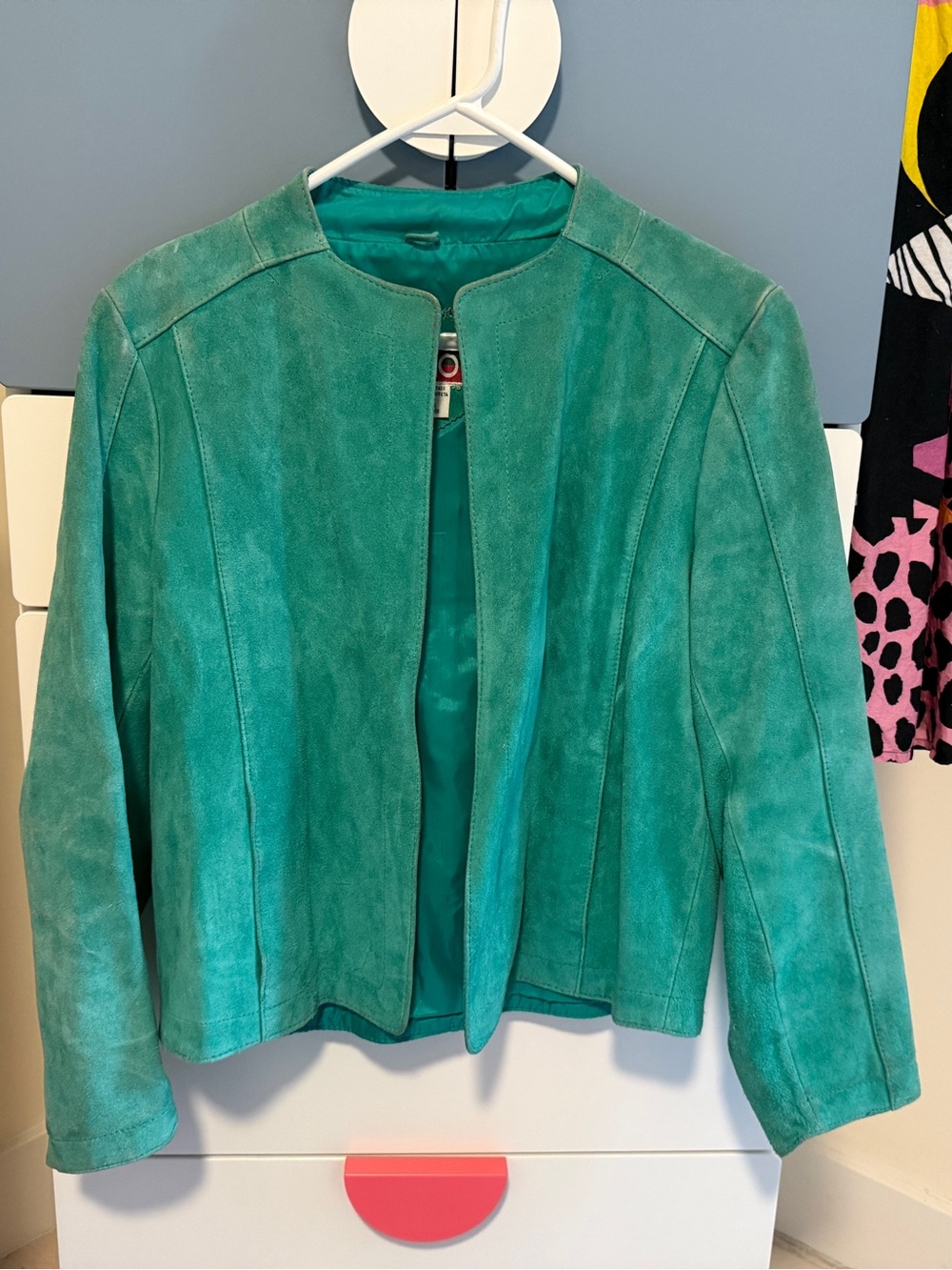 Vintage Women’s Bright Turquoise Genuine Suede Open-Front Jacket, Size Medium